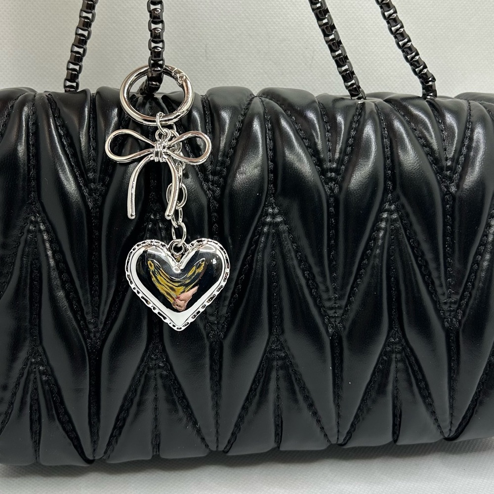 Bow & Dangling Heart Silver Bag Charm